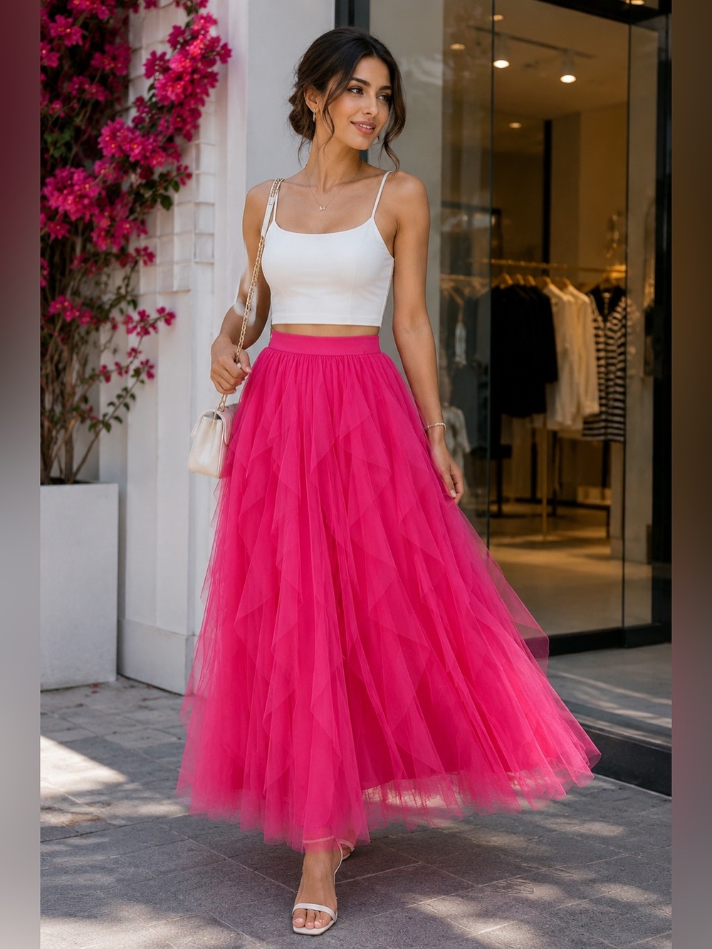 Women's Hot Pink Tulle Maxi Skirt - Elegant Layered Design